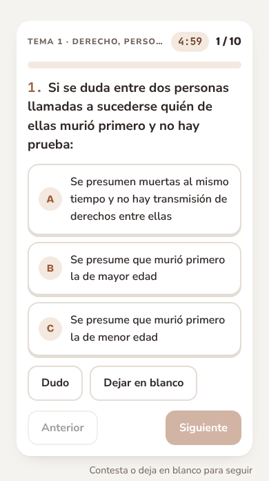 Una pregunta tipo test de Plantilla de Repaso en el móvil, con tres opciones y el cronómetro